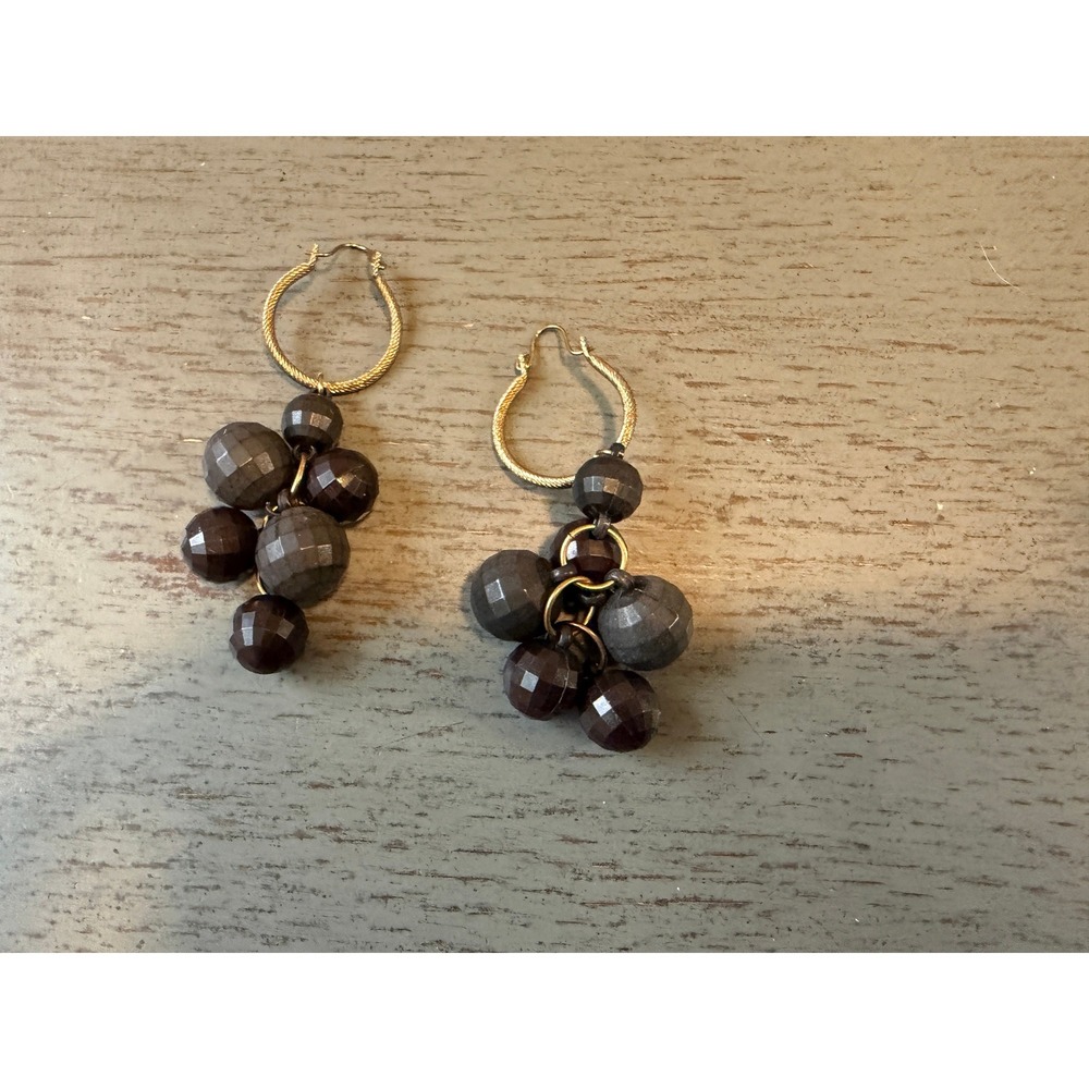 Vintage Style Faceted Bead Cluster Hoop Drop Earring Gold Tone Grey Black